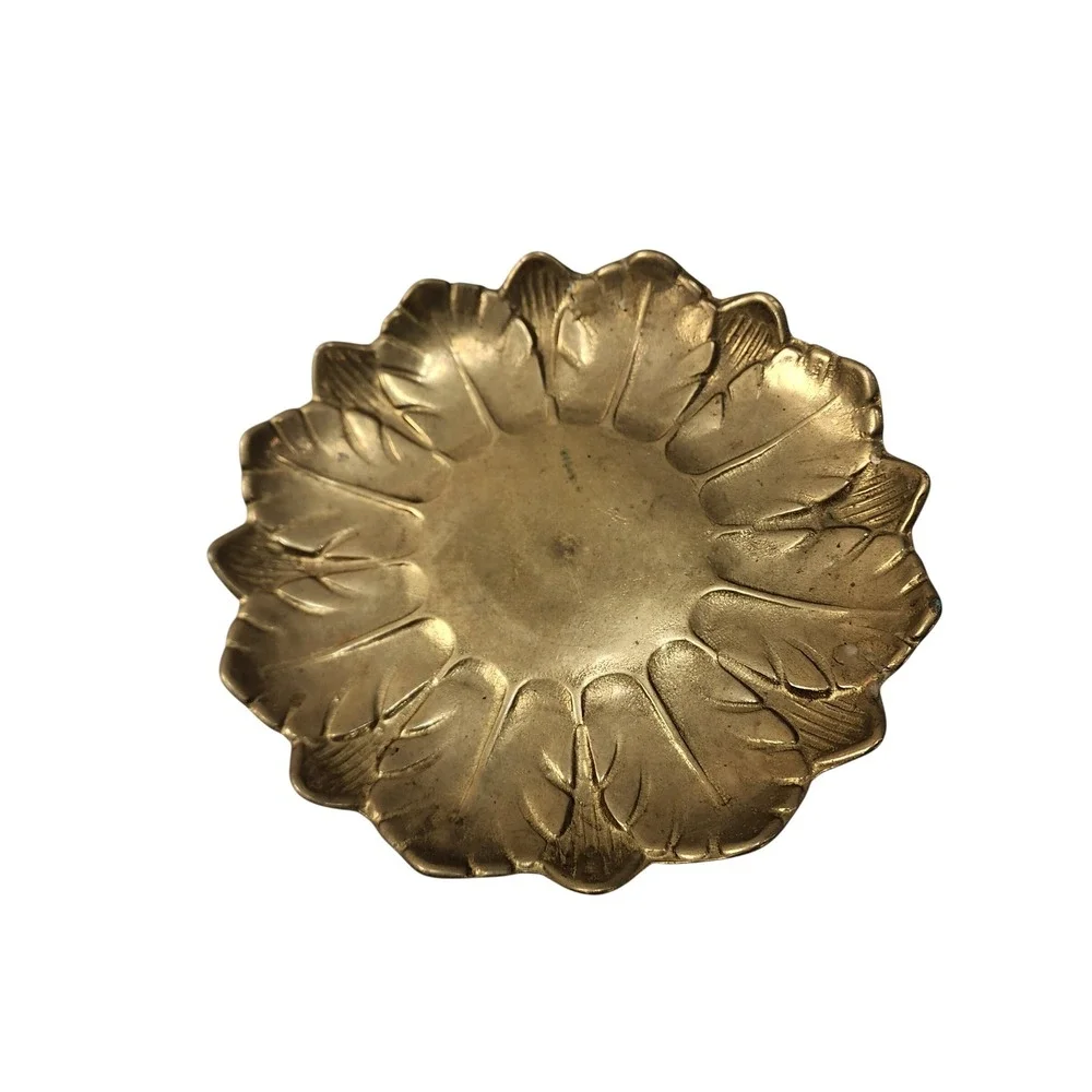 Vintage Brass Lotus Leaf Trinket Dish Scalloped Floral Catchall Tray 8 Inch